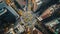 This photo captures an aerial view of a busy city street filled with yellow cabs moving through the traffic, An aerial view of a