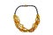 A photo captures a black-corded necklace adorned with polished Baltic amber. The golden-brown hues of the amber, set against the