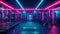 The photo captures a brightly illuminated gym adorned with neon lights, featuring a row of meticulously arranged treadmills, Gym