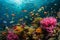This photo captures a bustling scene as a multitude of fish swim together above a vibrant coral reef, A vibrant coral reef full of