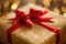 This photo captures a close-up view of a present box with a vibrant red ribbon, symbolizing the act of gift giving, A luxurious