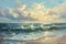This photo captures a dynamic painting depicting the powerful crashing waves on a beach, An oil painting of a tranquil ocean with