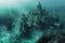 The photo captures an impressive underwater castle surrounded by the vastness of the ocean, A mysterious ancient sunken city,