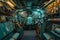 This photo captures the interior of a vast ship featuring a multitude of equipment and machinery, The interior of a submarine,