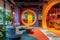 This photo captures a room with vibrant colors, featuring a circular mirror, Colorful and playful tech start-up office space, AI