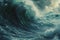 This photo captures a stunning painting depicting a powerful and awe-inspiring wave in the vast ocean, A formidable view of a