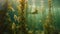 This photo captures the underwater scene of seaweed and seahorses swimming in the water, An underwater forest of towering kelp