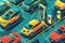 This photo captures a wide array of cars parked in a lot adjacent to a city building, A colorful illustration of various electric