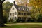 A photo capturing a grand white house nestled amidst a vibrant autumn forest with an array of colorful trees, Early American