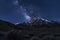 A photo capturing the stunning night sky with stars over a majestic mountain range, Contours of a mountain range under a star-lit