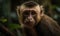 Photo of capuchin monkey in its lush verdant rainforest habitat. The monkeys piercing eyes expressive face and nimble movements