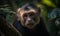 Photo of capuchin monkey in its lush verdant rainforest habitat. The monkeys piercing eyes expressive face and nimble movements