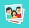 Photo cards or happy family vector illustration, flat cartoon photos or man, woman and girl together, lots of