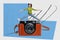 Photo cartoon comics sketch collage picture of happy smiling mini lady jumping tacking photo vintage camera isolated