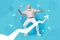 Photo cartoon comics sketch picture of cheerful good mood senior guy dancing achieving goals isolated blue painted