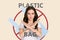 Photo cartoon comics sketch picture of lovely serious girl crossed hands show stop sign against plastic bag pollution