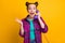 Photo of charming crazy funky lady two funny buns hold cable telephone handset speak friends listen fresh gossips rumors