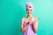 Photo of charming cute girl hold bottle spray wash hand wear violet towel turban isolated teal color background