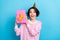 Photo of charming ecstatic overjoyed lady receive unexpected birthday gift present  on blue color background