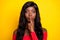 Photo of charming funny dark skin lady wear off-shoulders top finger lips ask not tell secrets  yellow color