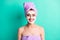 Photo of charming healthy lady foam mask look camera wear violet towel turban isolated turquoise color background