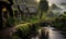 Photo of a charming hobbit house nestled beside a babbling stream