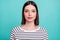 Photo of charming lovely lady calm look camera wear striped shirt isolated on turquoise color background