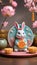 Photo Of Charming Midautumn Festival Card With A Playful Rabbit And Ornate Mooncakes On A Backdrop Of Lotus Blossom. Generative AI