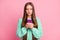 Photo of charming person write new social media post wear teal sweater  on pastel pink color background