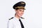 Photo of charming pretty lady beaming smile look camera wear hat aviator uniform isolated white color background