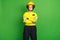 Photo of charming sweet young fire lady workwear yellow helmet arms folded isolated green color background