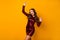 Photo of charming wavy lady students event festive party prom queen dancing good mood disco night wear sequins burgundy
