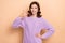 Photo of cheerful adorable lady wear comfort clothes satisfied nice quality isolated on beige color background