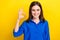 Photo of cheerful adorable ukrainian lady hand okey symbol satisfied nice choice good job isolated on yellow color