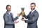 photo of cheerful businessmen celebrate award with champion cup. businessmen celebrate award