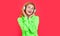 photo of cheerful cool woman listen music in headphones.