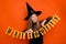 Photo of cheerful funky lady wear black wizard costume cap smiling hanging halloween flags  orange color