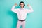 Photo of cheerful good mood wavy hair man wear pink outfit pointing himself two thumbs fingers isolated teal color