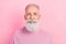 Photo of cheerful grey hair senior man wear pink sweater isolated on pastel color background