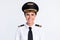 Photo of cheerful pilot lady toothy beaming smile wear headwear aviator uniform isolated white color background