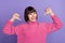 Photo of cheerful positive crazy female pointing finger herself self-recommend feedback isolated on violet color