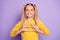 Photo of cheerful positive girl smiling toothily stylish trendy showing heart shape sign with fingers  pastel