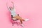 Photo of cheerful tired lady wear smart casual clothes stretching sitting office leather chair empty space  pink