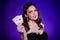 Photo of chic gorgeous lady aristocrat hold poker cards lucky winner look gradient empty space black jack jackpot