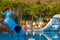 Photo of a children`s pool with different figures of animals and a pirate ship on the background of green pine trees.