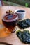 Photo of chopped seaweed and a cup of coffee and mangosteen beside it, a photo of the meaning of the drink