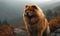 Photo of Chow Chow captured in a regal pose amidst a misty mountainous landscape. Image showcases every detail of dogs thick