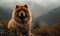 Photo of Chow Chow captured in a regal pose amidst a misty mountainous landscape. Image showcases every detail of dogs thick