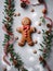 Photo Of Christmas Gingerbread Man Standing Near Mistletoe. Generative AI