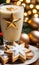 Photo Of Christmas Golden Star Reflecting On A Glass Of Eggnog Beside Mince Pies. Generative AI